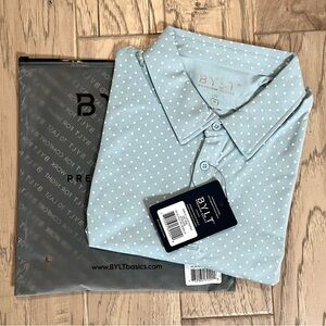 BYLT Men’s Light Blue & White Polka Dot Short Sleeve Polo Shirt, size XL